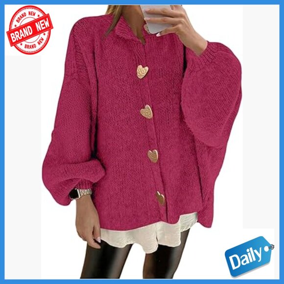 Vintage Heart Button Oversized Cardigan Chunky Knit Fall Outerwear